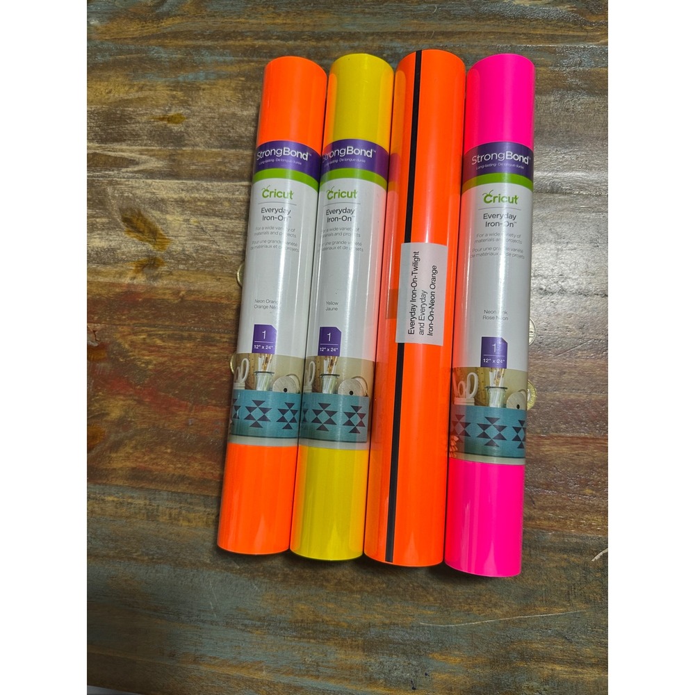 Cricut Everyday Iron-On Vinyl Bundle‎ 4 Rolls Neon Orange Pink Yellow Twilight